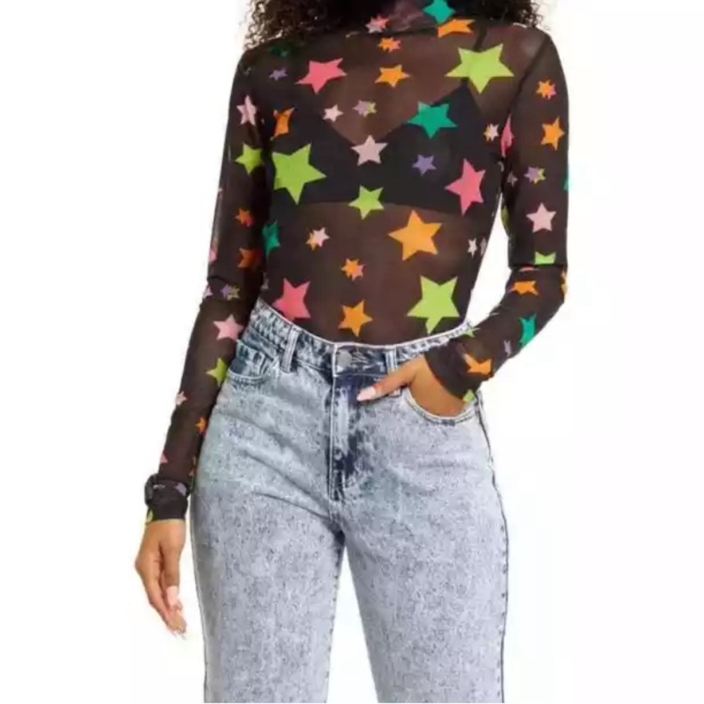 BP Top Black Stars Print Long Sleeve Mesh Turtleneck